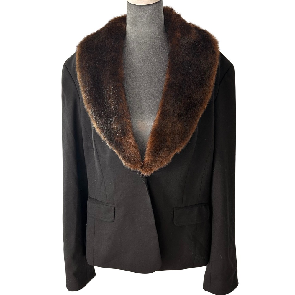 Charter Club Montecito II Black Wool Blazer Removable Faux Fur Collar 16 NEW
